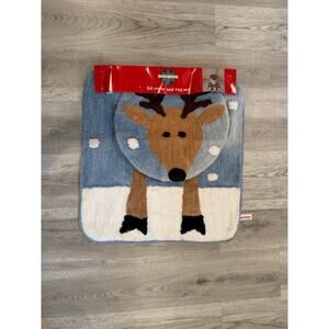 Christmas Toilet Lid Cover & Bathroom Rug Set Reindeer Holiday Blue Winter Decor